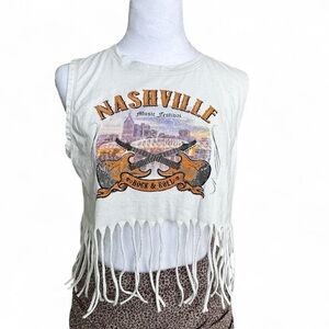 White Sleeveless Crop Muscle Tee with Fringe